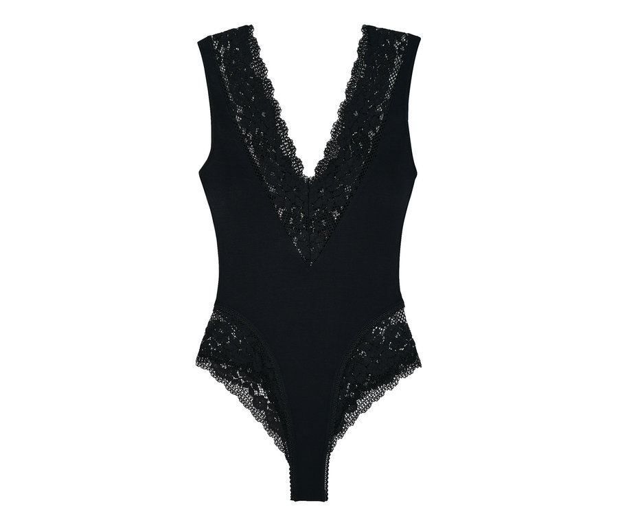 Body noir « Nina » Passionata avec bordure en dentelle sur le décolleté en V et les jambes.