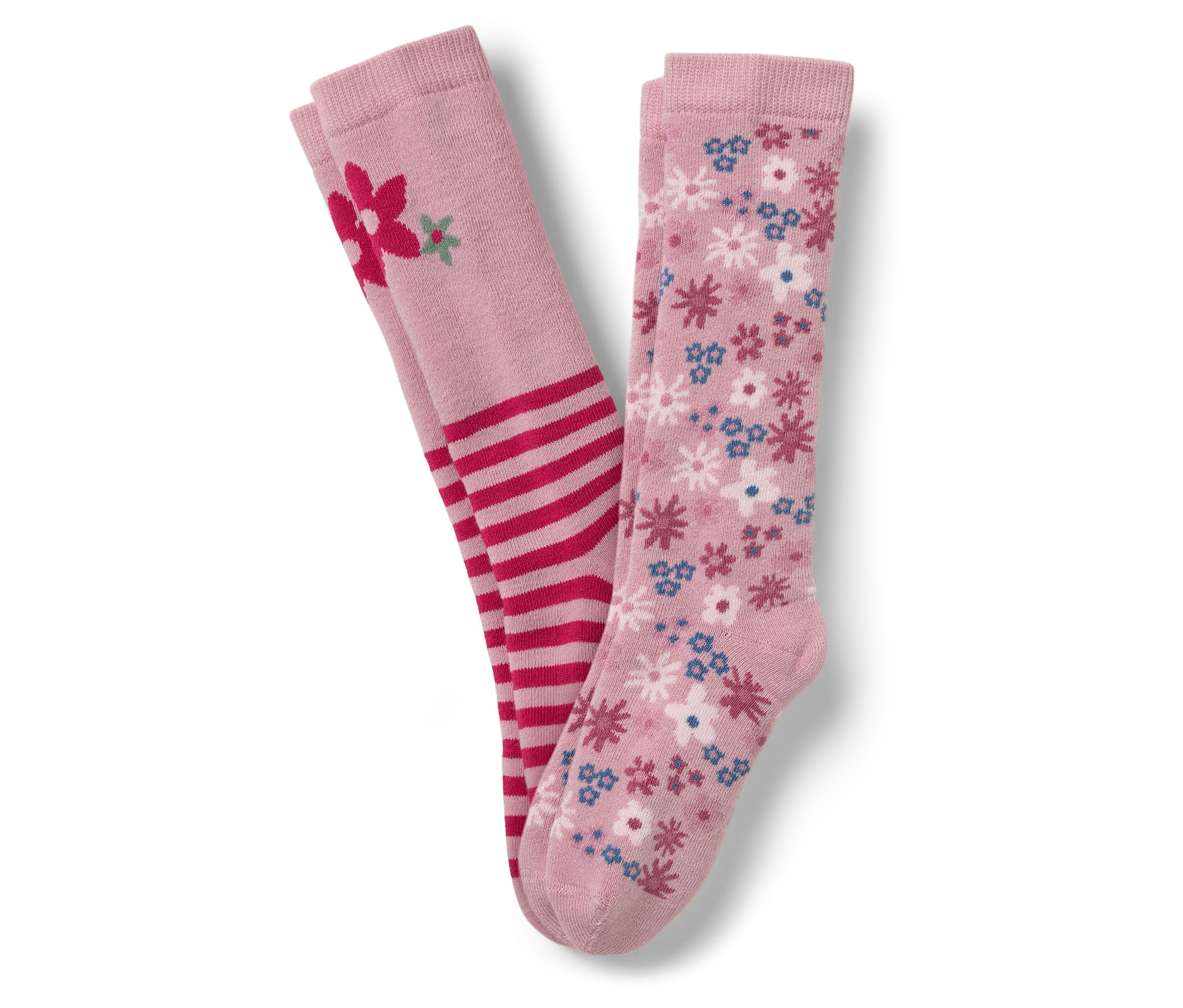 Deux paires de chaussettes montantes roses, une avec des rayures rouges et une fleur, l'autre avec un motif floral.
