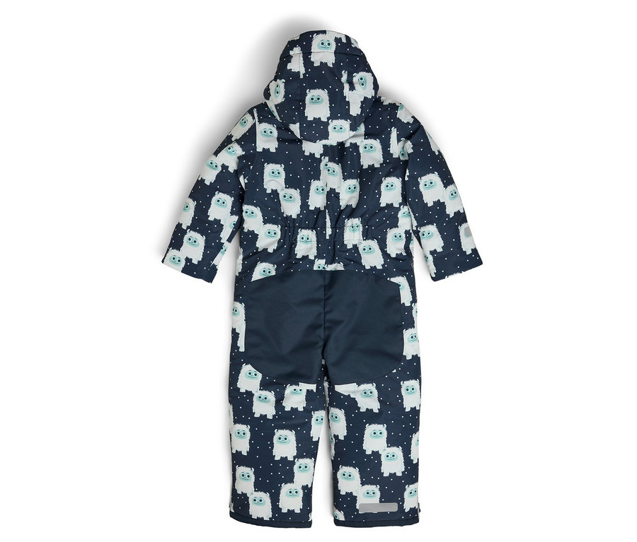 Vue arrière d'une combinaison de ski pour enfant avec capuche, imprimée de bonhommes de neige blancs sur fond bleu foncé.