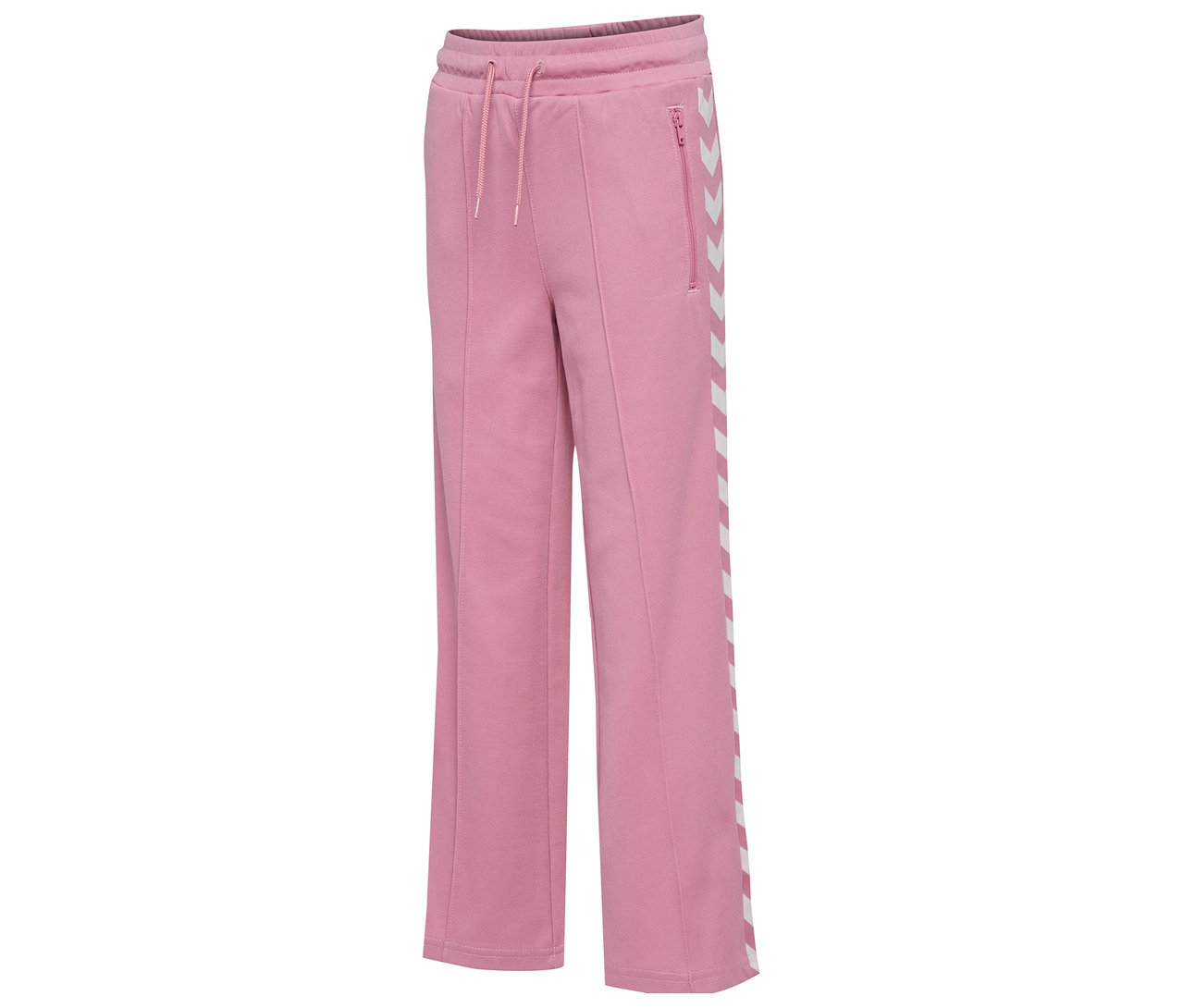 Pantalon de survêtement rose HUMMEL HMLJR Archive Wideleg Poly Pants avec de larges jambes et des rayures blanches sur le côté.