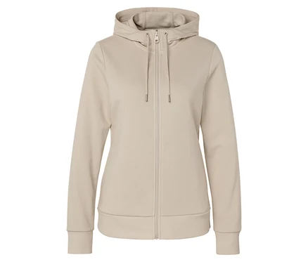 Veste à capuche beige avec fermeture éclair au milieu.