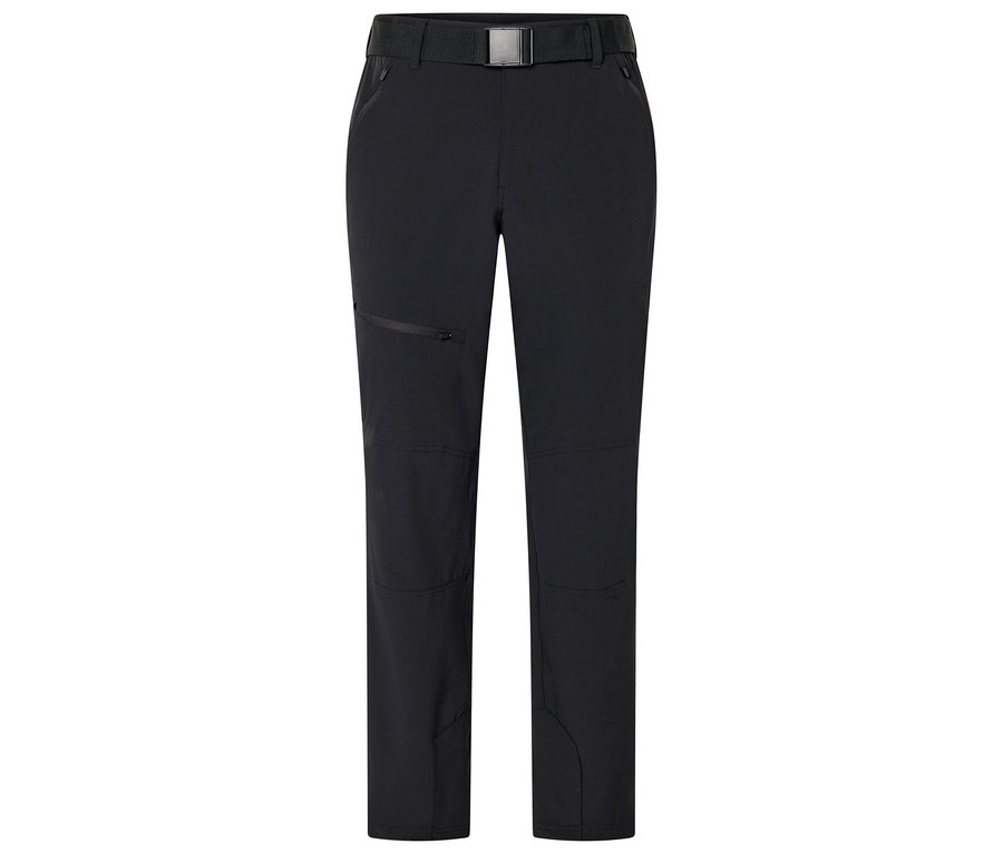 Pantalon noir avec ceinture et poche zippée sur la jambe gauche.