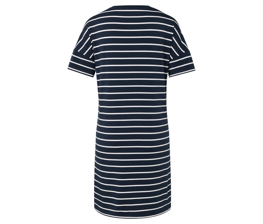 Vue arrière d'une robe t-shirt rayée bleue.