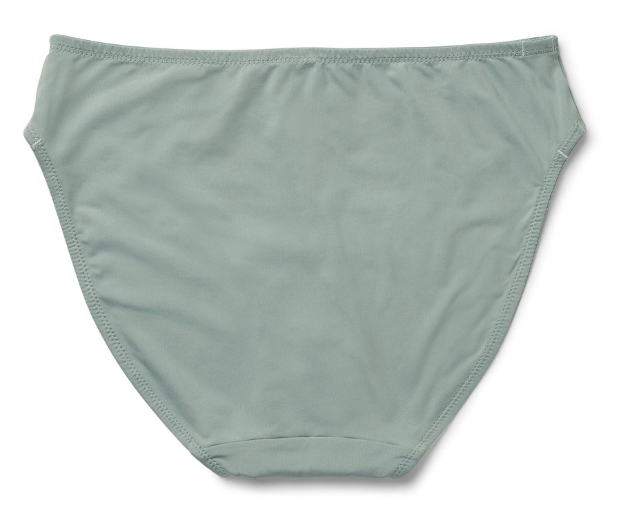 Gros plan d'un slip de bain vert-gris pour femme.