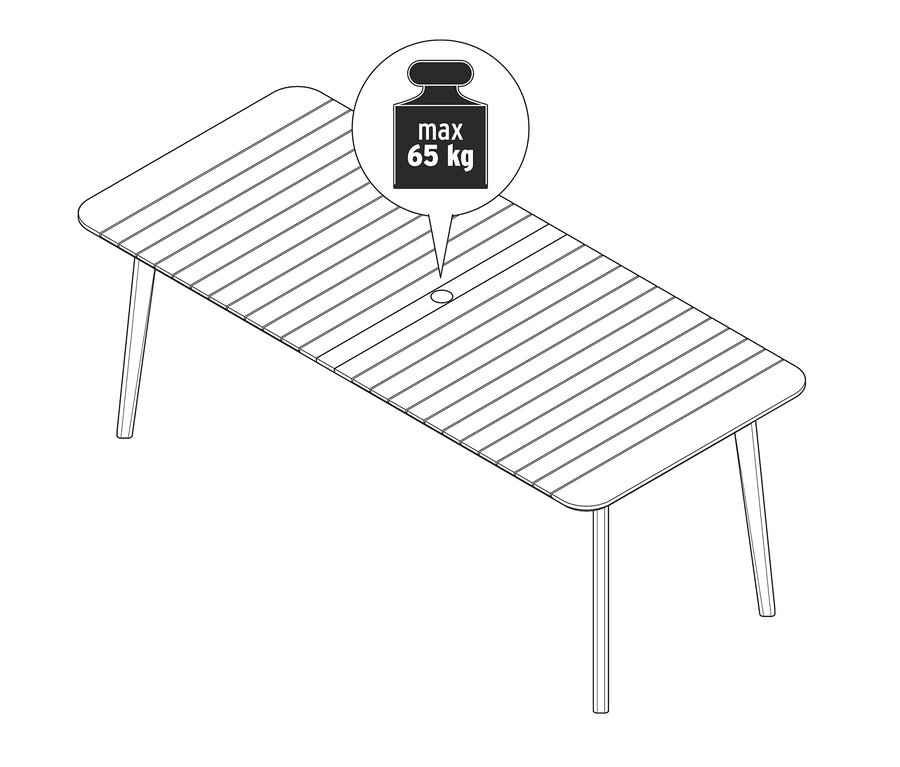 Un dessin d'une table en teck à double rallonge. Au-dessus de la table se trouve une bulle avec un poids maximum de 65 kg.