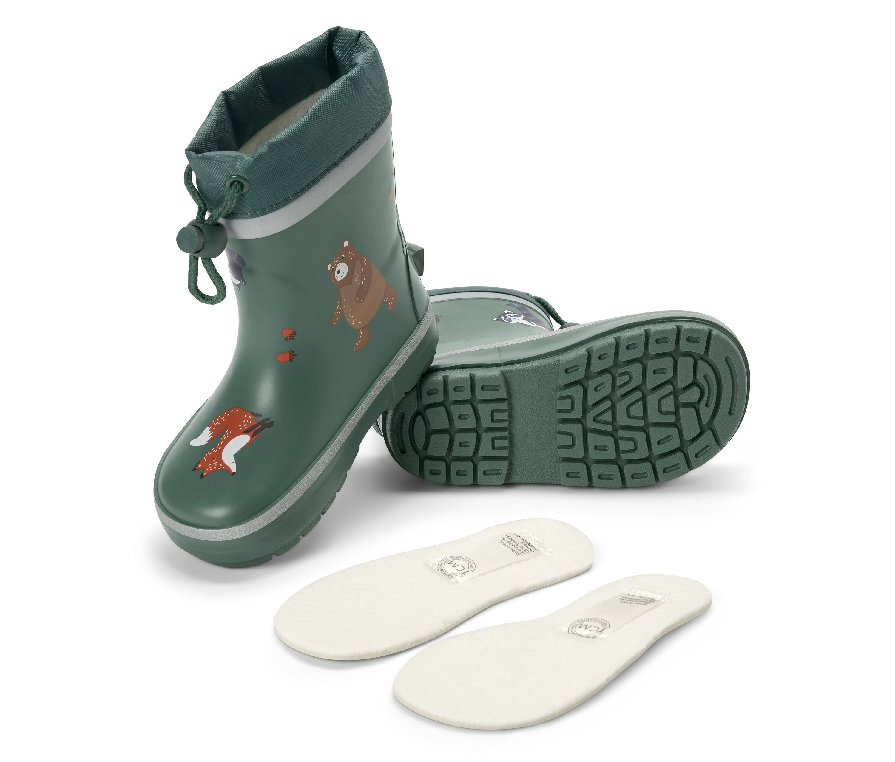 Bottes de pluie vertes pour enfants avec motifs de renard et d'ours, et deux semelles intérieures.