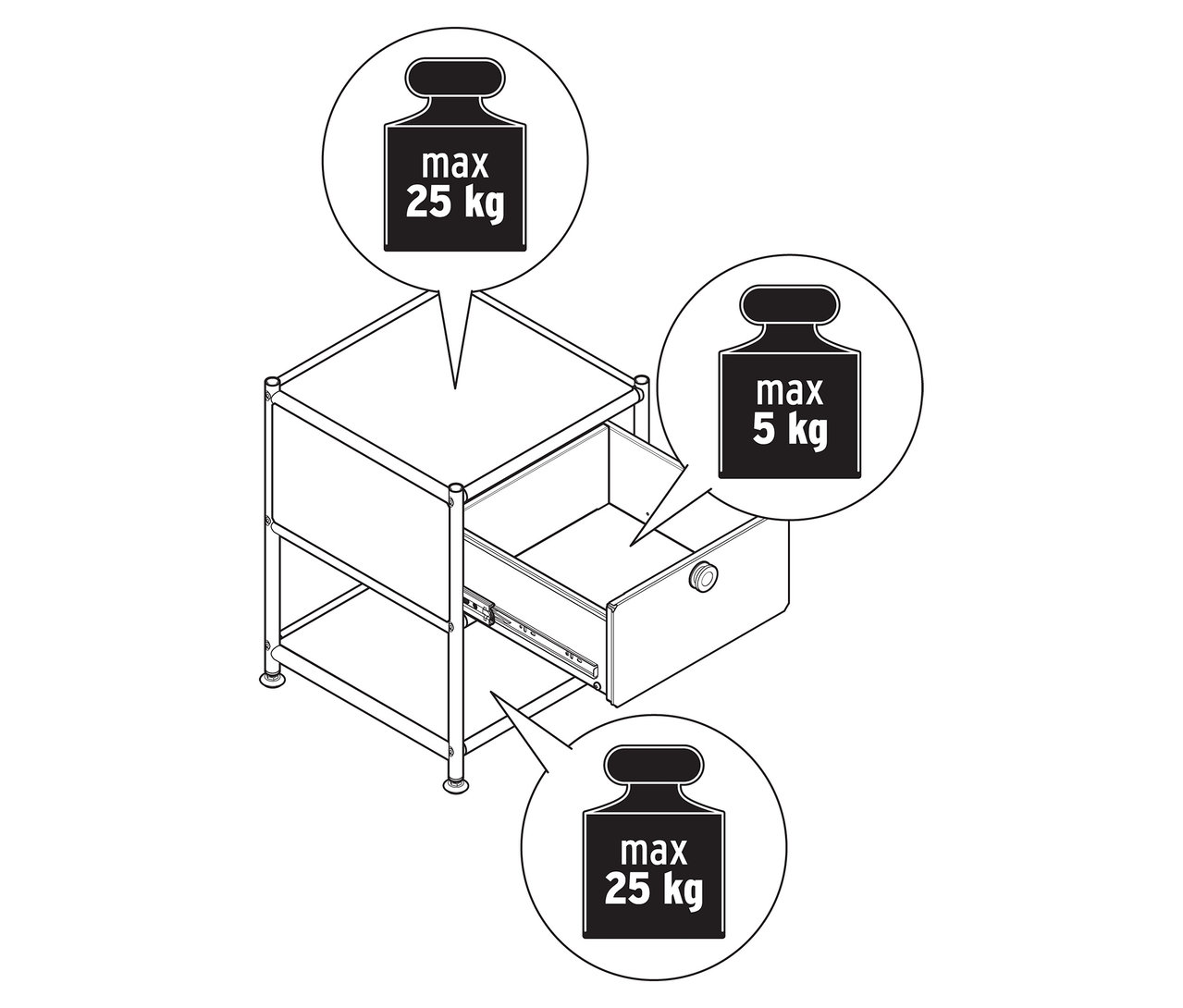 Vue de dessus d'une table d'appoint en métal « CN3 » avec un tiroir ouvert, avec un poids maximal de 25 kg sur le dessus et le dessous et de 5 kg dans le tiroir.