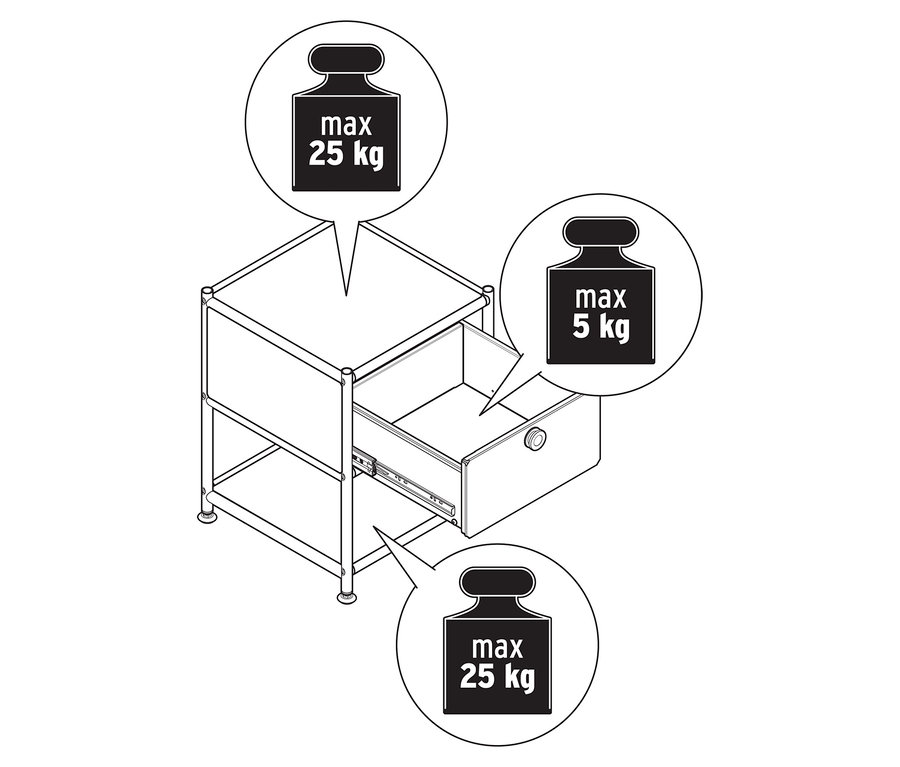 Vue de dessus d'une table d'appoint en métal « CN3 » avec un tiroir ouvert, avec un poids maximal de 25 kg sur le dessus et le dessous et de 5 kg dans le tiroir.