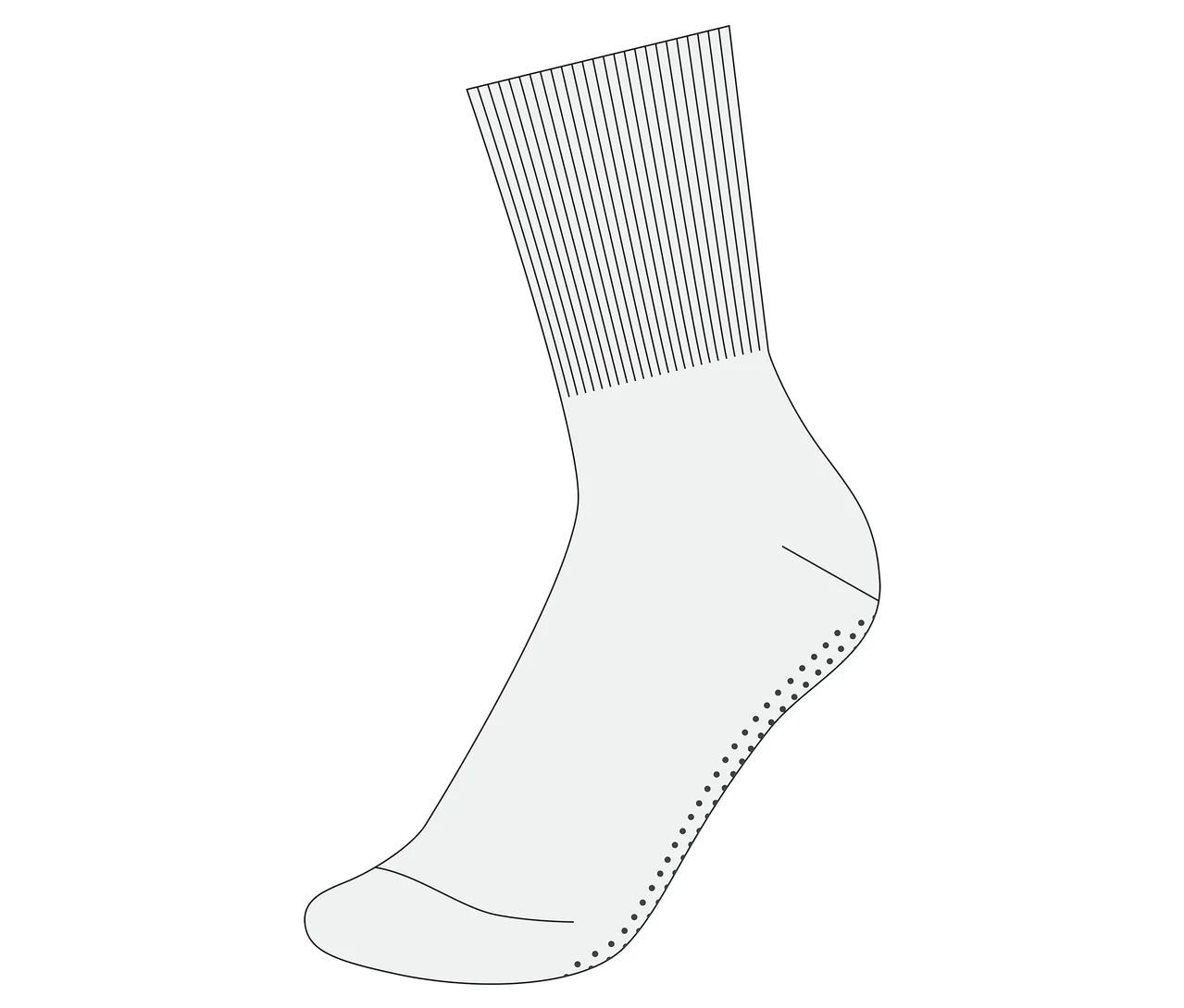 Une chaussette gris clair avec des rayures verticales noires sur le dessus et des points noirs sur le dessous.
