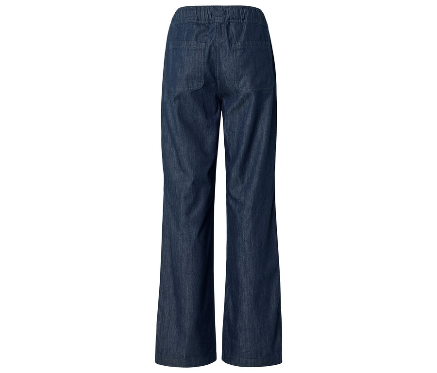 Jean Wide-Komfort bleu foncé vu de dos, avec taille élastique et deux poches plaquées à l'arrière.