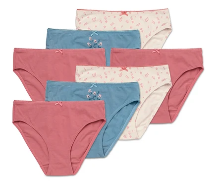 Sept culottes en coton rose, bleu et à motifs floraux sont superposées.