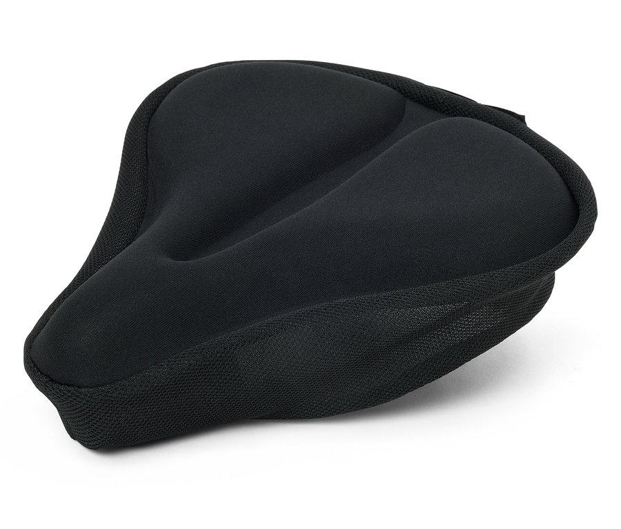 Une housse de selle de vélo noire est posée sur un fond blanc.