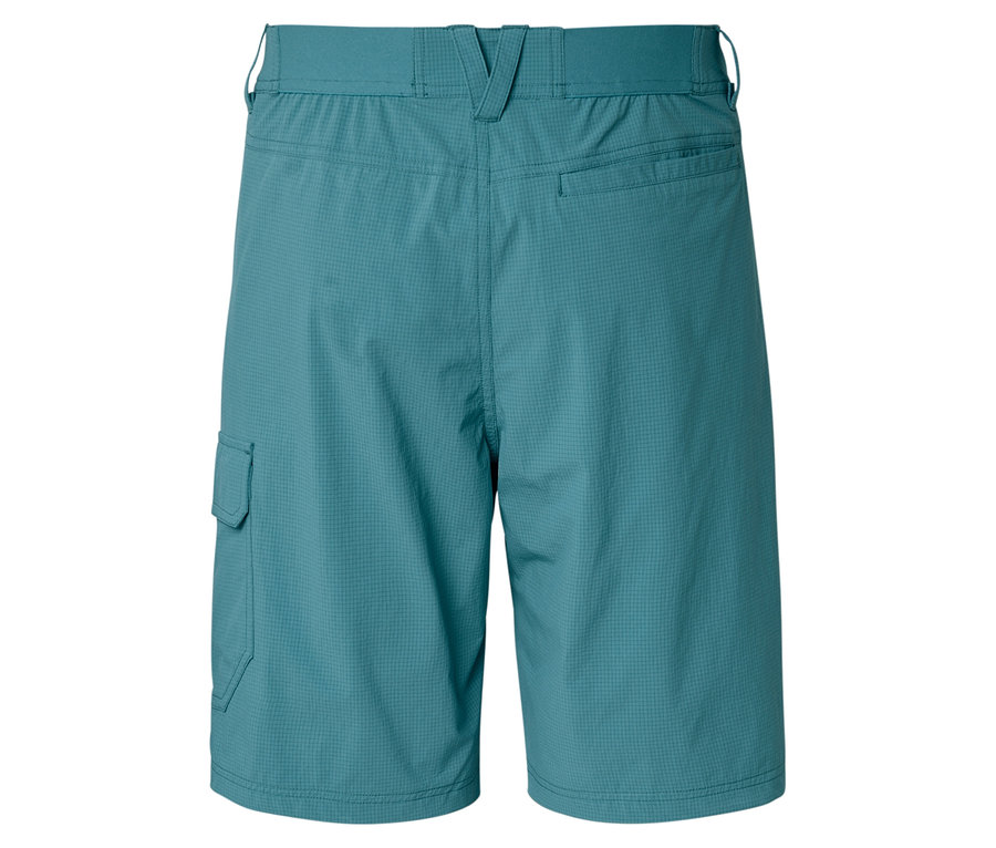 Vue arrière d'un short turquoise avec une poche sur la jambe gauche.