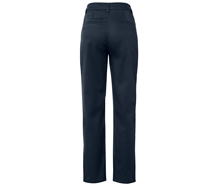 Vue arrière d'un pantalon bleu marine à jambe droite.