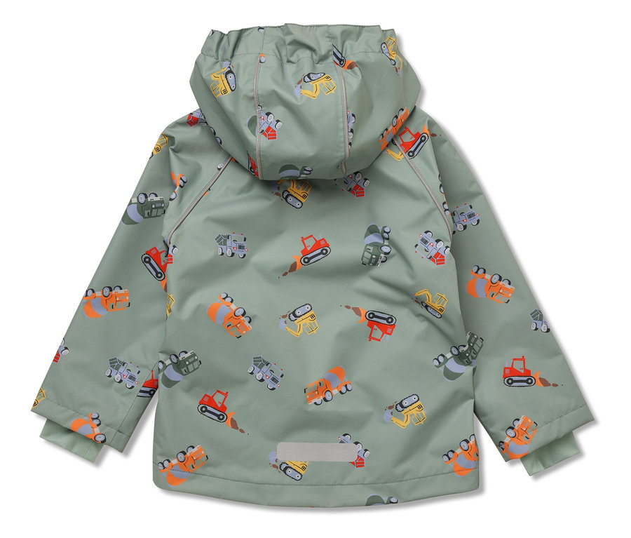 Imperméable vert pour enfants avec motif d'excavatrices et de véhicules de chantier.