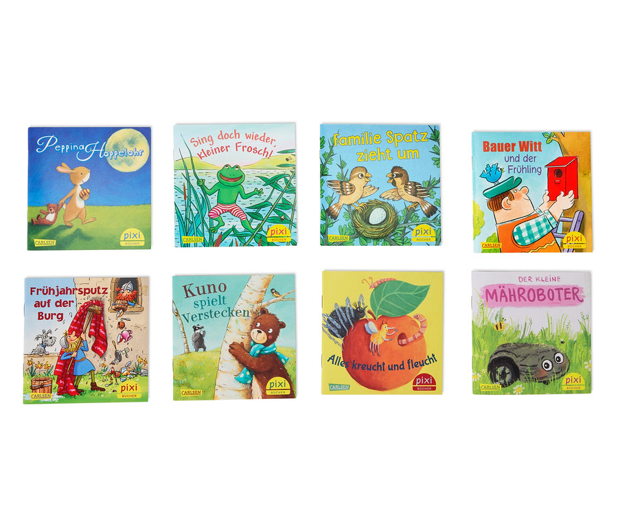 Huit couvertures de livres Pixi disposées sur deux rangées. Les livres présentent des illustrations avec des animaux et des personnes.