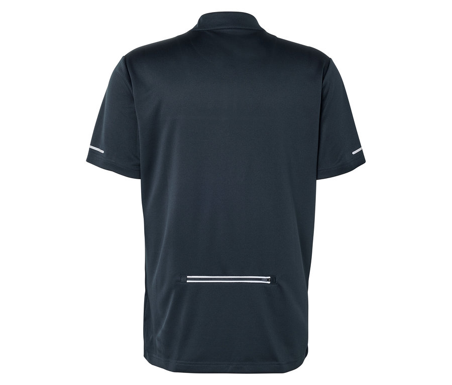 Maillot bleu marine à manches courtes avec fermeture éclair au col et bandes réfléchissantes sur la manche et le bas du dos.