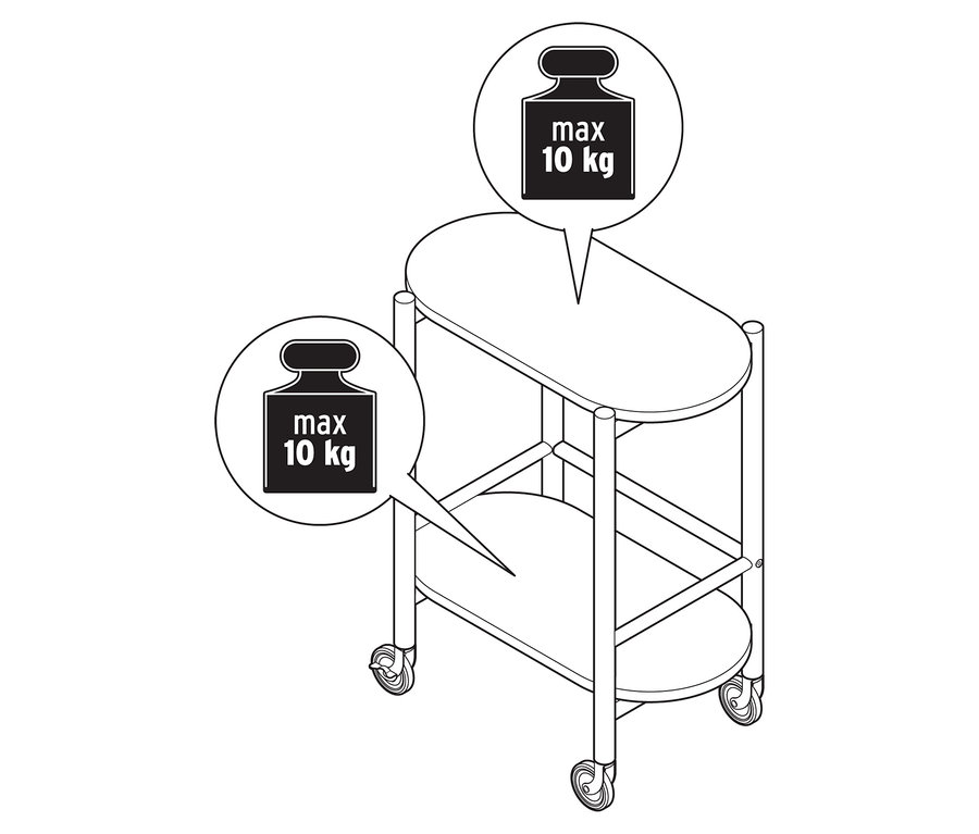 Illustration d'un chariot de bar en bois massif à 2 niveaux, avec des indications sur le poids maximal.
