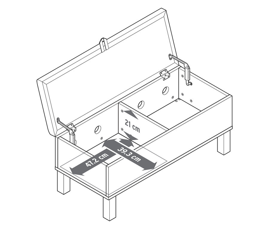 Banc de rangement pour enfants « Leira » ouvert avec couvercle rembourré et indications de taille.