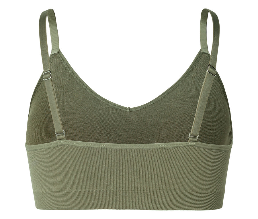 Vue arrière d'un soutien-gorge vert olive avec bretelles réglables.
