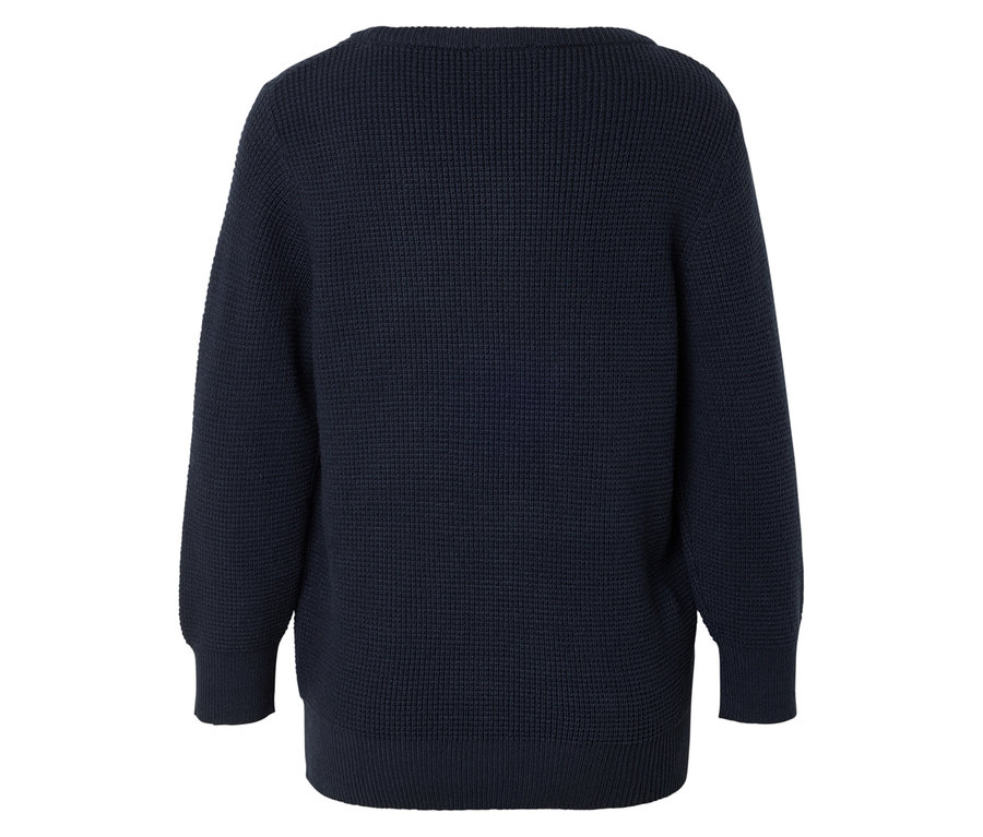 Vue arrière d'un pull en tricot bleu marine avec un col rond.