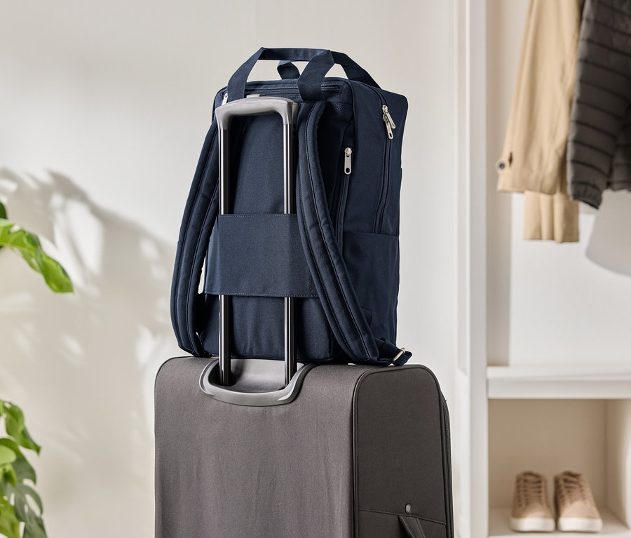 Sac à dos bleu marine sur une valise grise à roulettes, à côté d'une plante d'intérieur et d'une armoire.