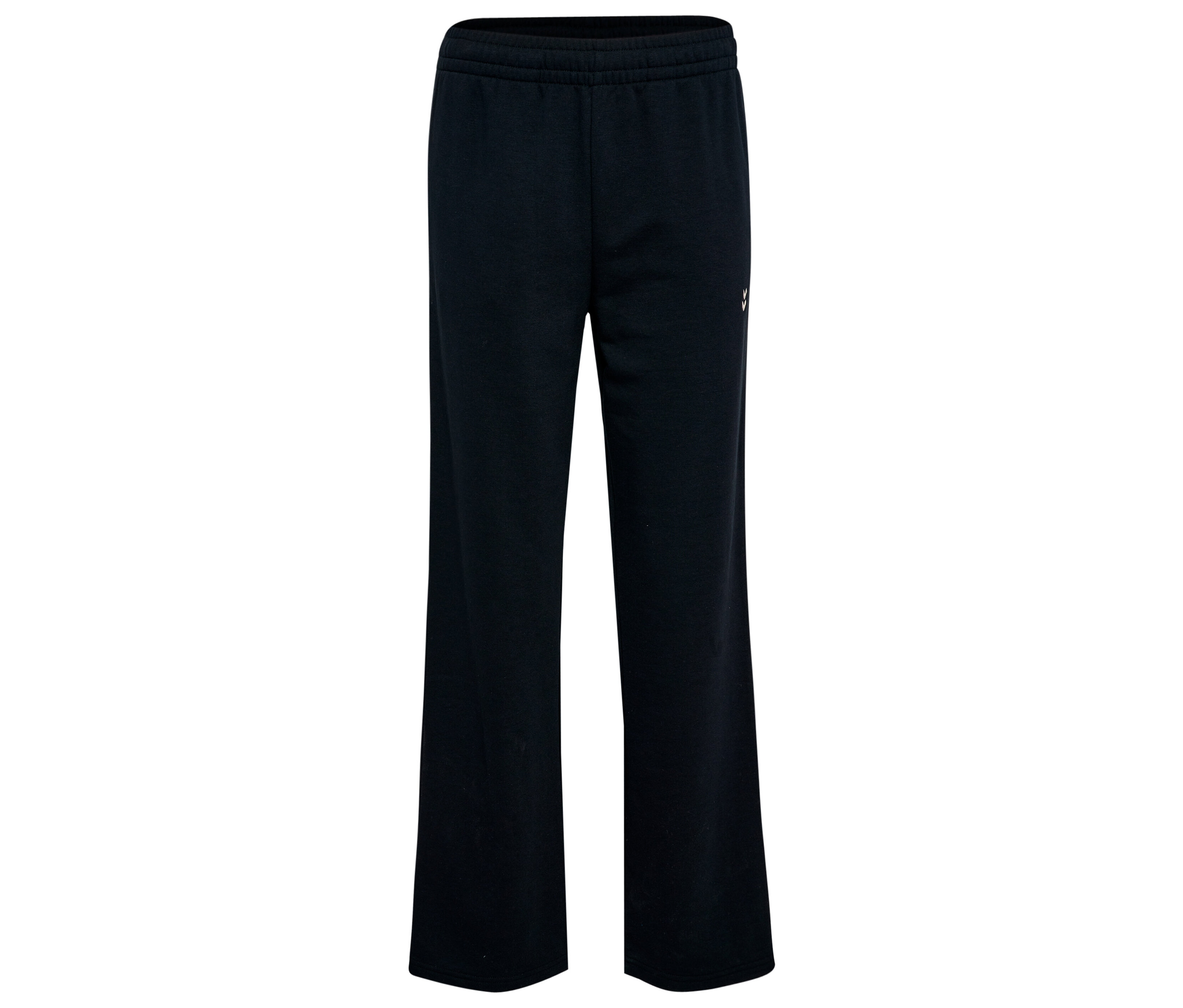 Le pantalon de survêtement HUMMEL pour femme en noir est posé sur un fond blanc.