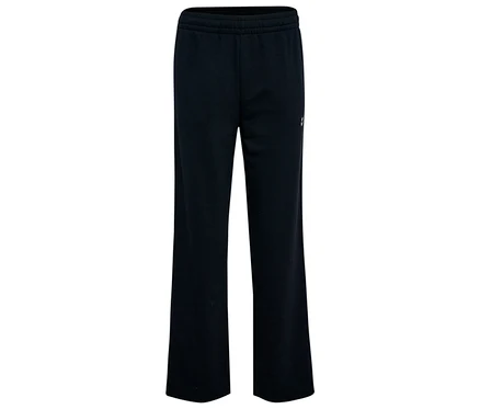 Le pantalon de survêtement HUMMEL pour femme en noir est posé sur un fond blanc.