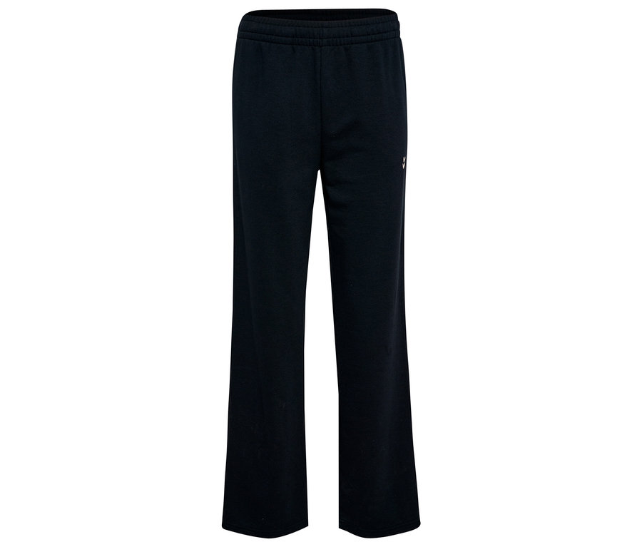 Le pantalon de survêtement HUMMEL pour femme en noir est posé sur un fond blanc.