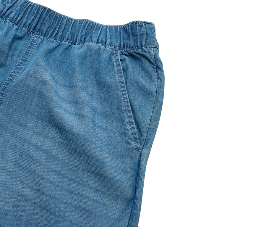 Gros plan d'un pantalon bleu clair avec une ceinture élastique et une poche latérale.
