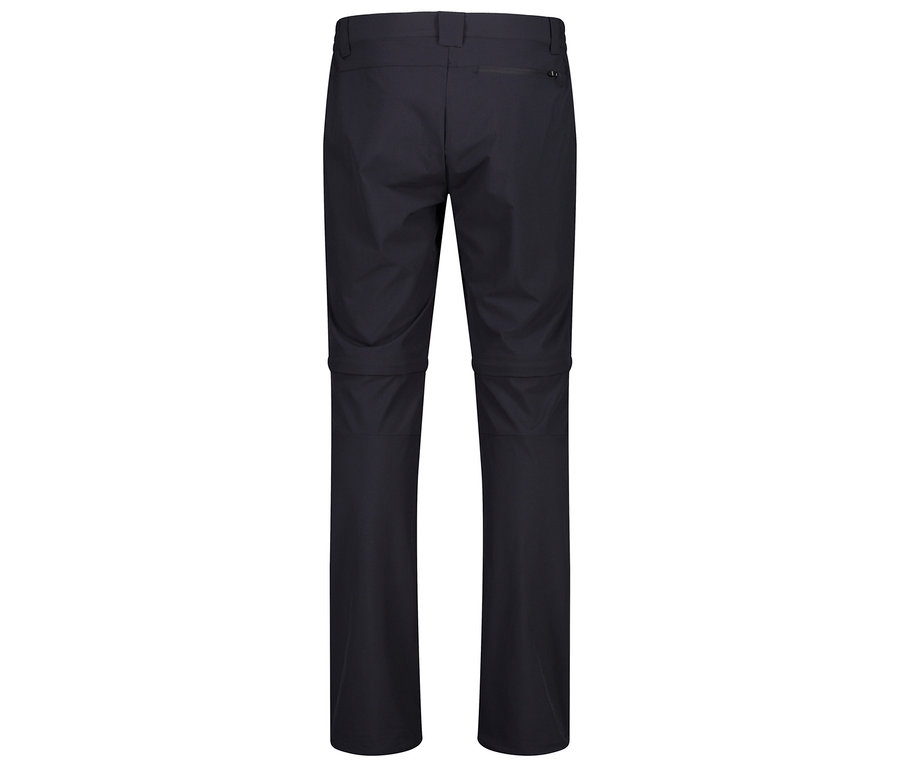 Pantalon long bleu foncé avec fermetures éclair aux genoux.