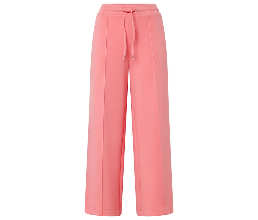 L'image montre un pantalon long corail à jambes larges avec un cordon de serrage.