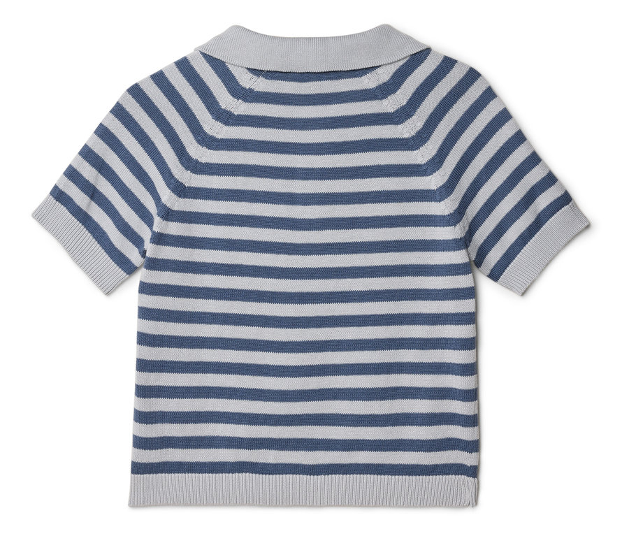 Vue arrière d'un polo rayé à manches courtes bleu et gris.