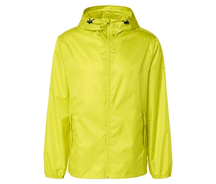 Veste de pluie jaune clair légère avec capuche, fermeture éclair et poches.