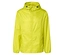 Veste de pluie jaune clair légère avec capuche, fermeture éclair et poches.