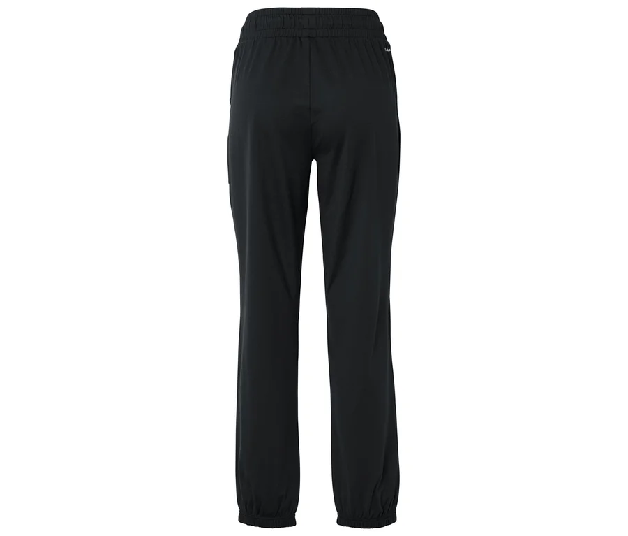 Pantalon de survêtement noir avec taille élastique et chevilles resserrées, vu de dos.