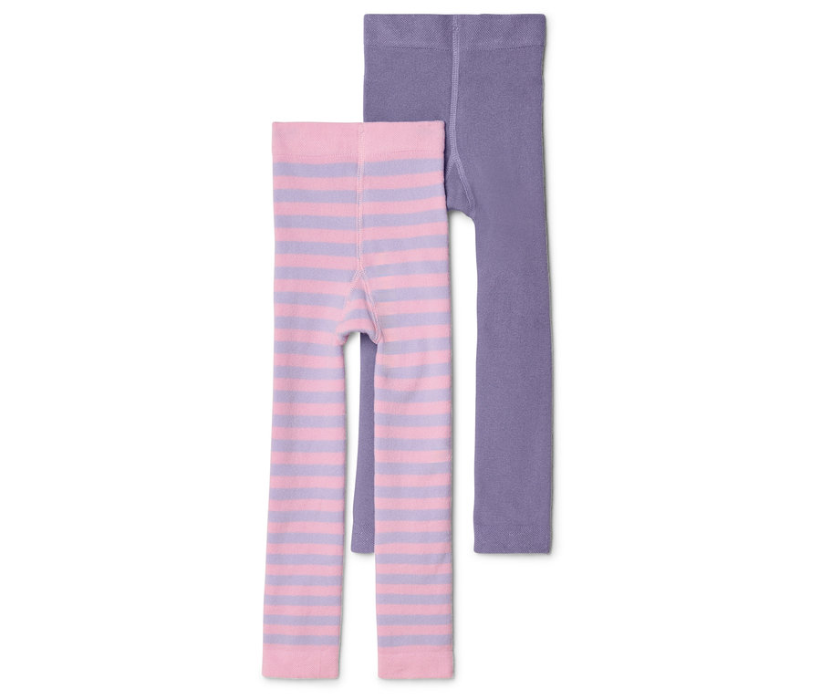 Deux leggings pour enfants sont posés sur un fond blanc, un violet et un rayé rose et violet.