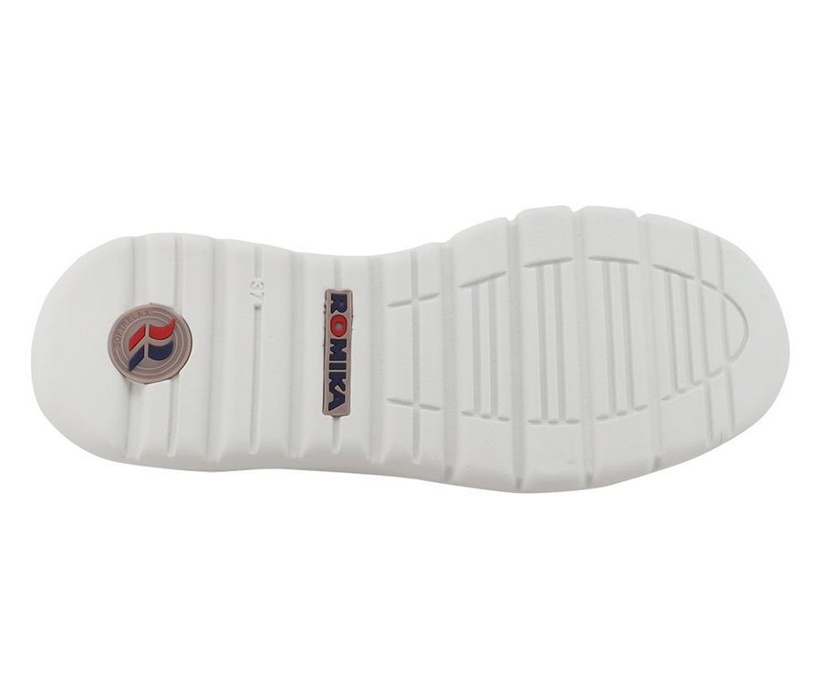 Semelle blanche d'un chausson Romika avec profil rainuré, taille 37 et logo Softflex.
