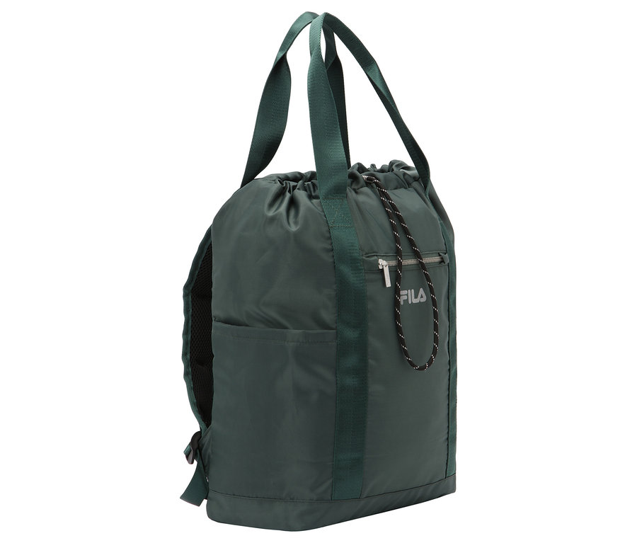 Sac de sport FILA vert avec cordon de serrage et poche zippée sur le côté.