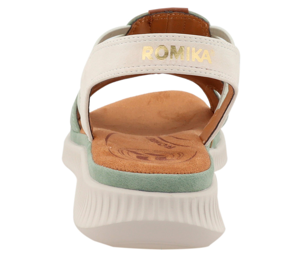 Vue arrière d'une sandale Romika avec des brides blanches, un accent vert et une semelle beige.