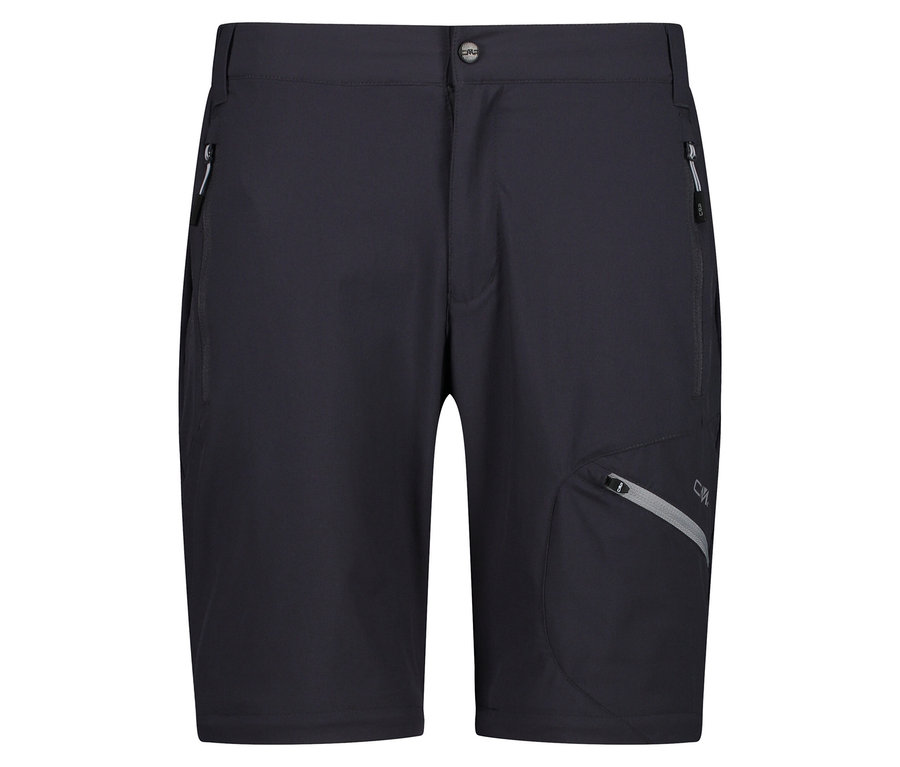 Gros plan d'un short noir avec des poches et des fermetures éclair.