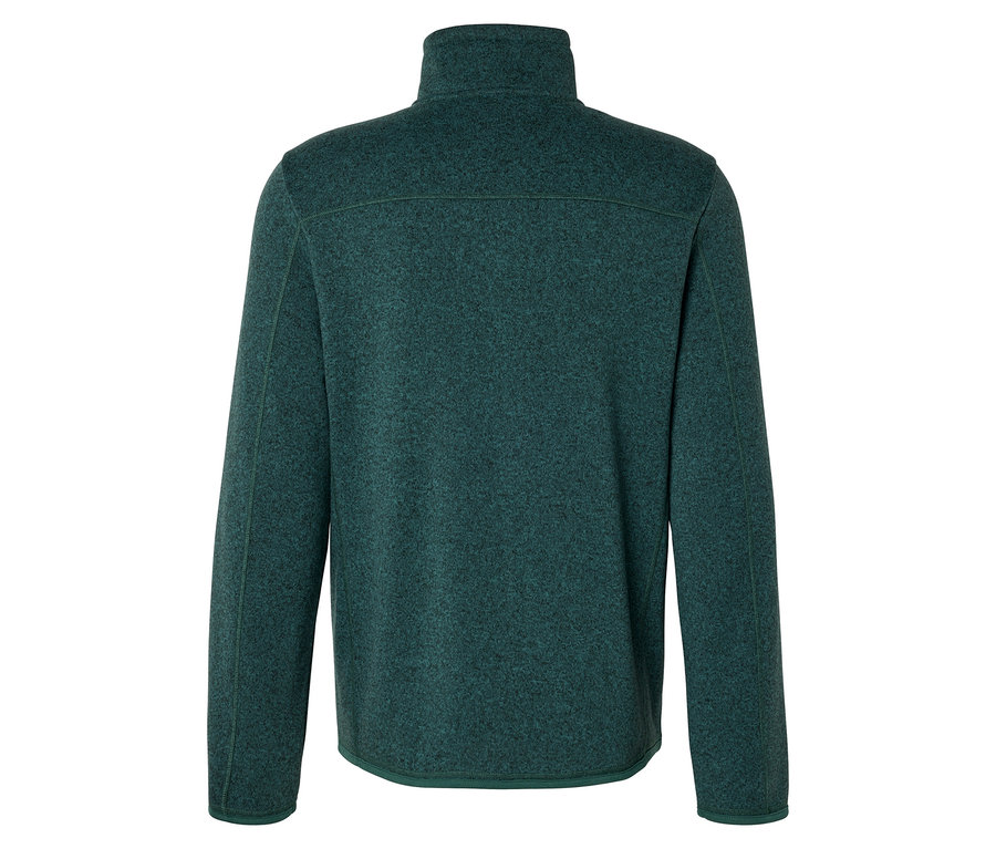 Vue arrière d'un pull en polaire vert avec une courte fermeture éclair et un col montant.