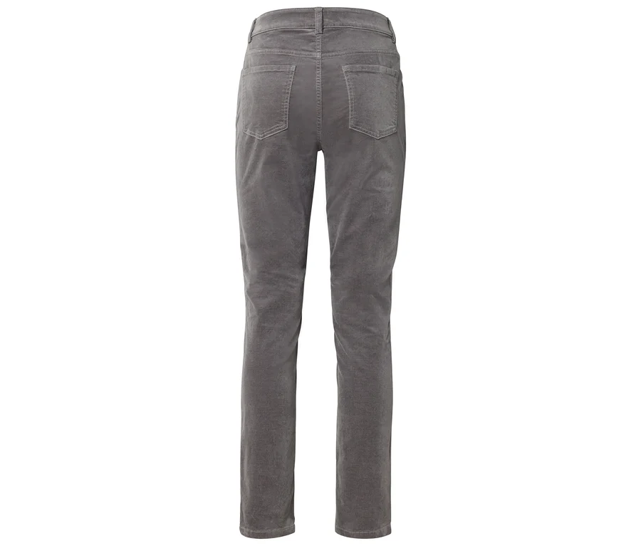 Vue arrière d'un pantalon en velours côtelé gris avec une jambe droite et deux poches arrière.