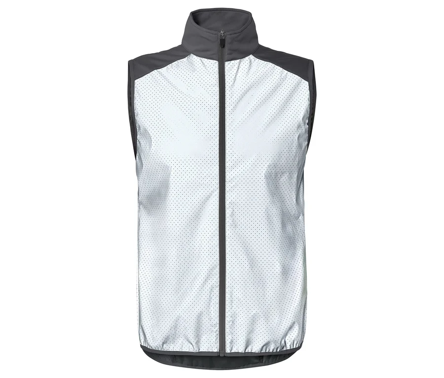 Veste sans manches blanche avec fermeture éclair et col, épaules et ourlet gris.