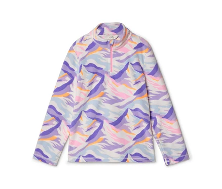Haut en polaire blanc à manches longues, col montant et courte fermeture éclair rose. Le motif représente des montagnes abstraites en violet, bleu clair, rose et orange.