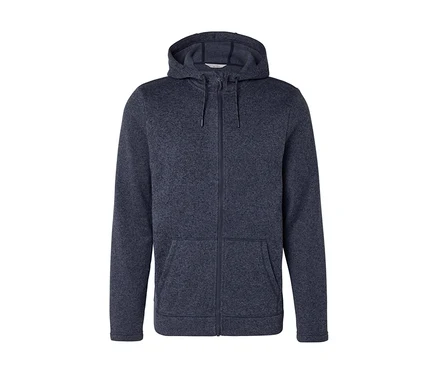 Sweat à capuche zippé bleu marine chiné avec cordon de serrage et deux poches avant.