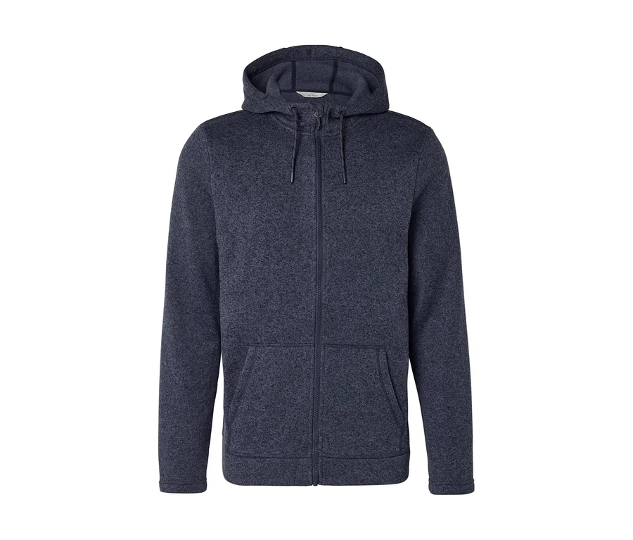 Sweat à capuche zippé bleu marine chiné avec cordon de serrage et deux poches avant.