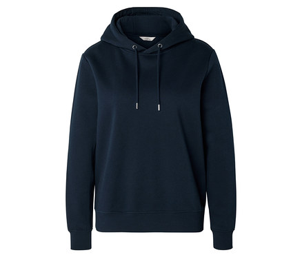 Sweat à capuche bleu foncé avec cordons à embouts argentés, poignets et ourlet côtelés, sur fond blanc.