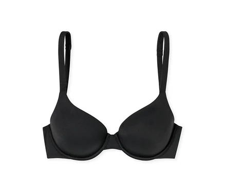 Soutien-gorge push-up noir lisse avec bretelles réglables sur fond blanc.