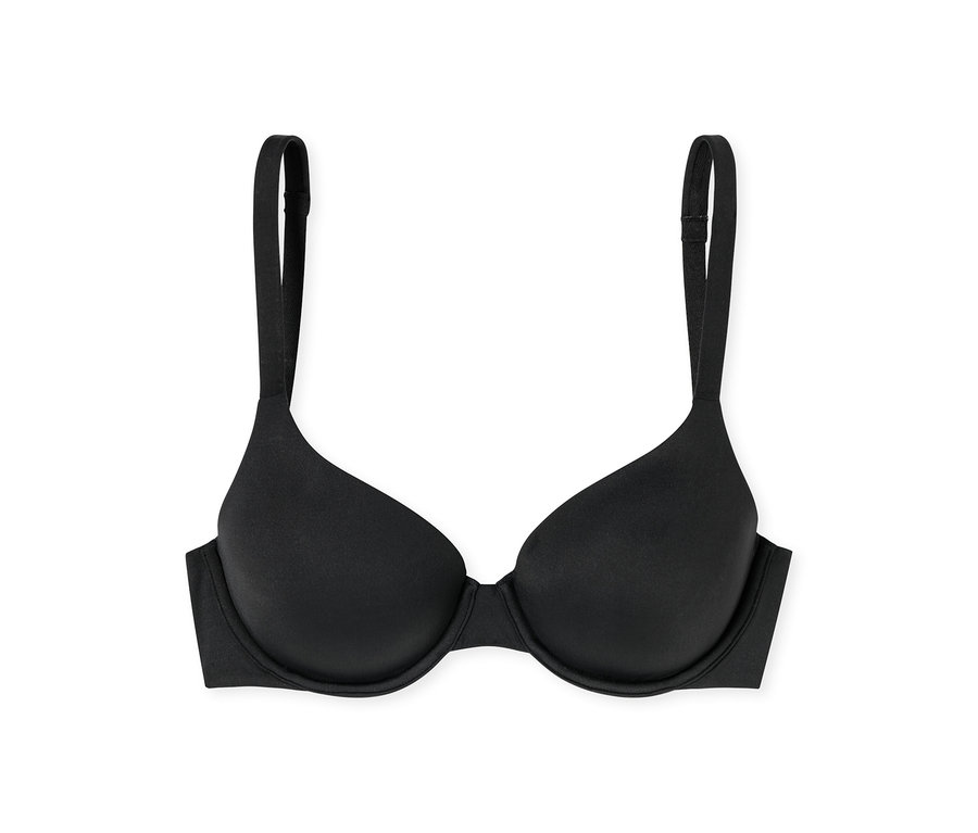 Soutien-gorge push-up noir lisse avec bretelles réglables sur fond blanc.